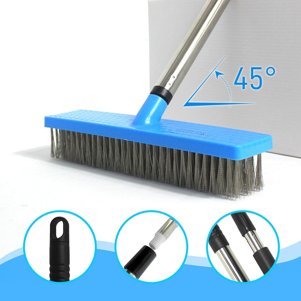 Stainless Steel Wire Broom Deck Scrubber Brush with 55” Adjustable Length Sturdy Long Handle, Stainless Steel Outdoor Broom for Cleaning Moss Concrete Floors Grout Gardens Patios