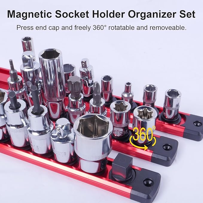 Magnetic Socket Holder Organizer Set:3/8-Inch Drive Socket Trays Socket, 360° Swivel 14 Clips Socket Holder Kit, For Automotive Mechanic Garage (Red)