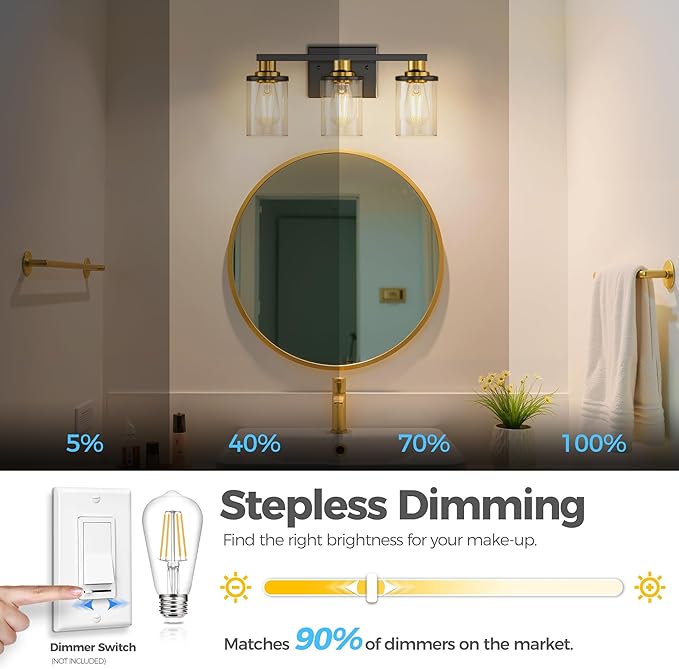 DORESshop 17 Inch Bathroom Light Fixtures, 3-Light Black and Gold Bathroom Lighting Fixtures Over Mirror with Glass Shade, Modern Vanity Lights for Hallway Bedroom, Includes Bulbs