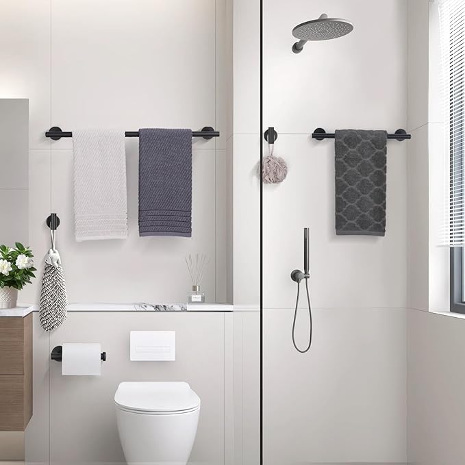 TURS Matte Black 10 Pieces Bathroom Hardware Set, SUS304 Stainless Steel 24 Inch Bath Towel Bar Set, Round Bathroom Accessories Kit Wall Mounted