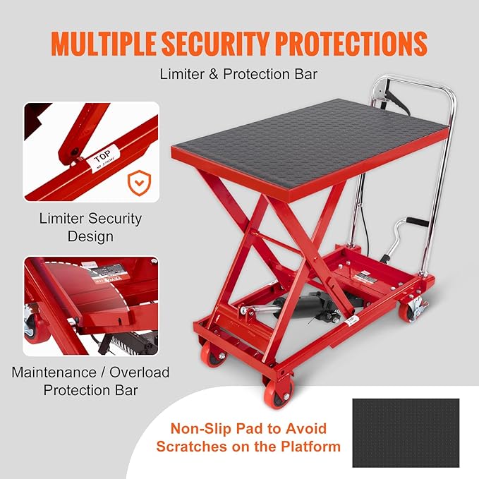 VEVOR Hydraulic Lift Table Cart, 500lbs Capacity 28.5" Lifting Height, Manual Single Scissor Lift Table with 4 Wheels and Non-Slip Pad, Hydraulic Scissor Cart for Material Handling, Red