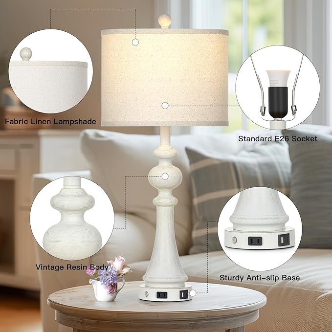 28" Farmhouse Table Lamp with USB A+C Fast Ports & AC Outlets, Vintage Rustic 3-Way Dimmable Touch Control Table Lamp, Rustic Traditional Bedside Nightstand Lamp for Living Room Bedroom White