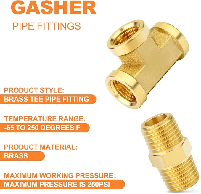 GASHER 2PCS Brass Tee Pipe Fittings, 1/4" NPT Female x 1/4" NPT Female x 1/4" NPT Male Pipe Fittings, Male Run Tee