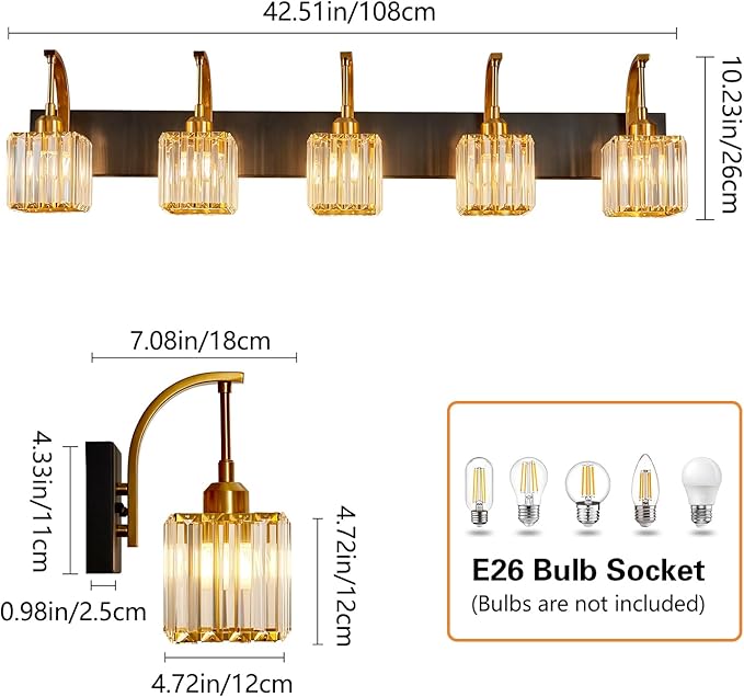 Crystal Vanity Lights 5-Light Black Gold Bathroom Vanity Lights Modern Crystal Bathroom Light Fixtures Over Mirror 42.51" Long Vanity Light for Bathroom