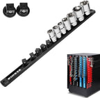 1/2" Magnetic Socket Holder Organizer - Aluminum Alloy Socket Rail Tray for Tool Box Drawer, Socket Rack with Extra 2Pcs Replacement Clips for Automotive Garage(Black)