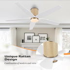 54" Ceiling Fan with Light - Low Profile Flush Mount Ceiling Fan, 6-Speed Remote Control, Solid Wood, Quiet Reversible DC Motor, White/Gold Finish, for Bedroom, Living Room, Porch