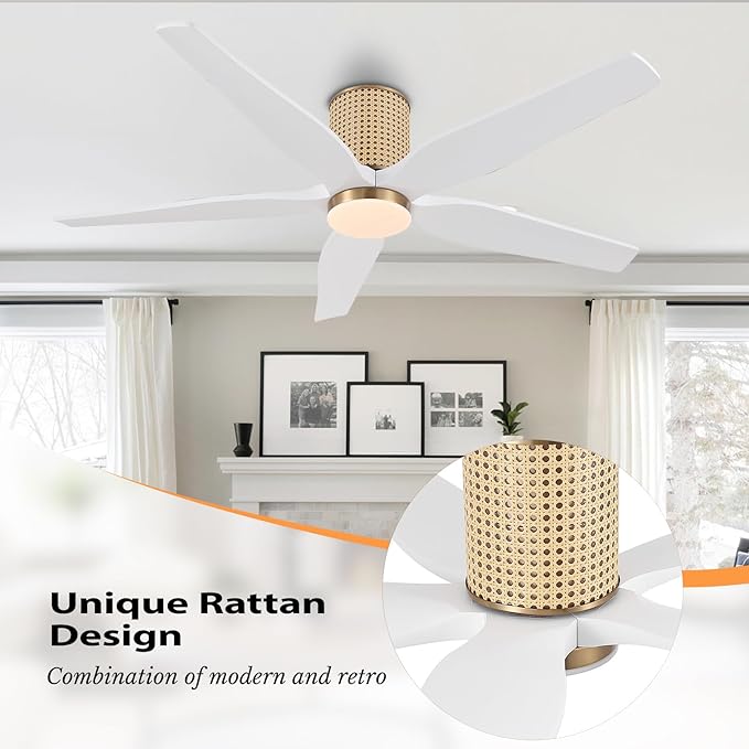 54" Ceiling Fan with Light - Low Profile Flush Mount Ceiling Fan, 6-Speed Remote Control, Solid Wood, Quiet Reversible DC Motor, White/Gold Finish, for Bedroom, Living Room, Porch