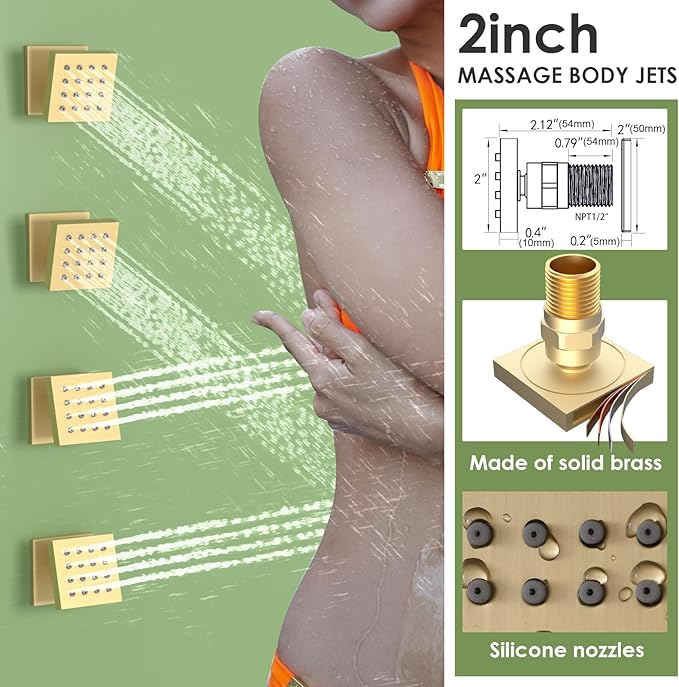 Enga Dual Shower Head Shower System with Body Jets, Wall Mount 10+6" Dual Rain Shower Head with 2 in 1 Handheld Spray for Two People, Shower Faucet Set with Valve Kit, Brushed Gold