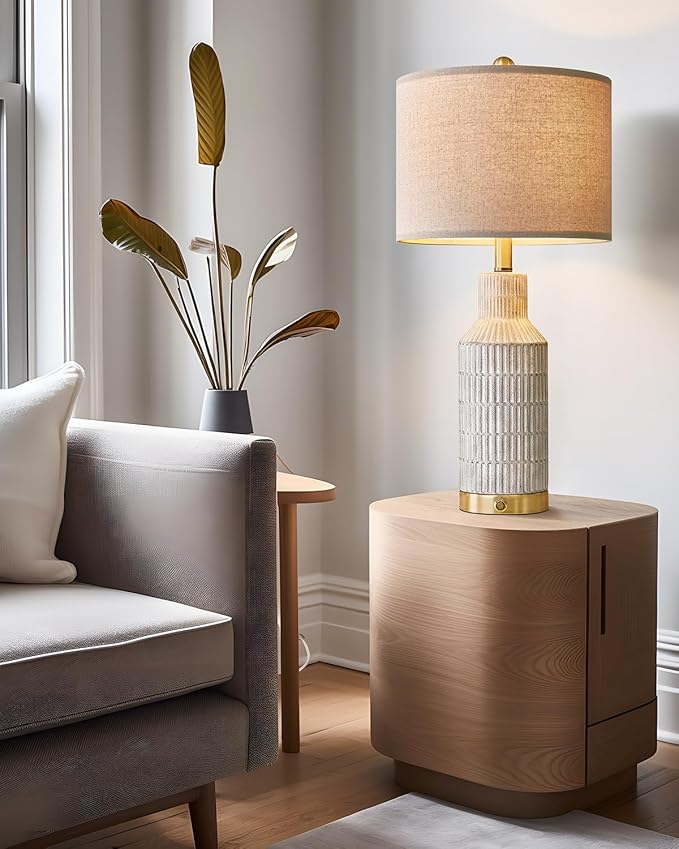 25" Modern 3-Way Dimmable Touch Control with USB A+C Ceramic Lamps Set of 2 Table Lamp for Living Room Bedroom Farmhouse Nightstand Bedside Lamps (White-Washed)