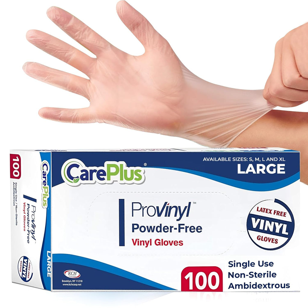 CARE PLUS Pro Vinyl Clear Gloves - Large Size, 100 Count | Latex-Free, Powder-Free, Heavy Duty, Non-Sterile, | Food Prep, Kitchen & Cleaning Gloves, Hair Coloring | Ideal for Professional Use