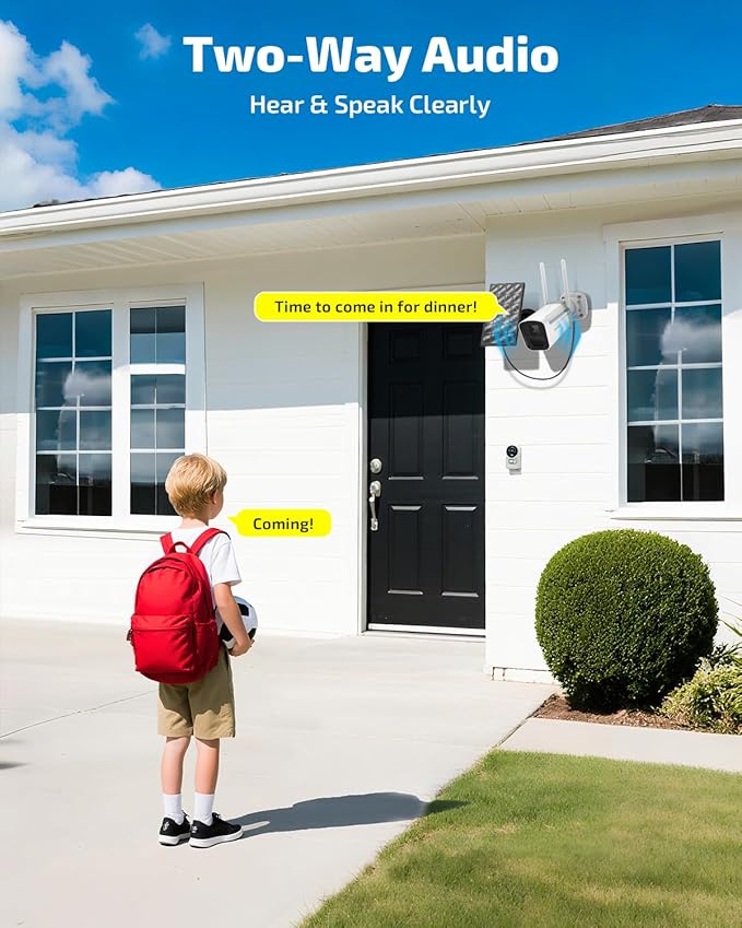 《100% Wire-Free》Wireless Outdoor Security Camera System, Solar Powered WiFi Cameras Systems with PIR Motion Detection, Home Video Surveillance DVR Kits