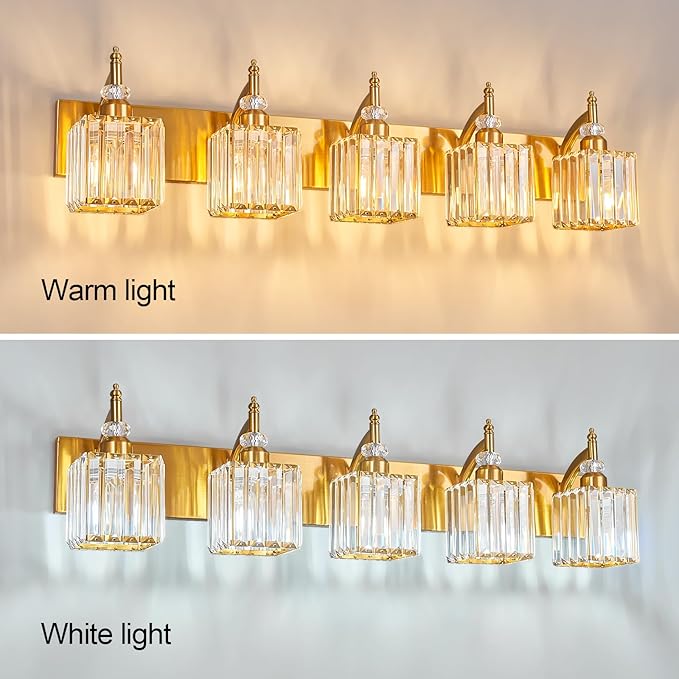 5-Light Crystal Vanity Lights - Gold, Modern Over-Mirror Bathroom Light Fixtures