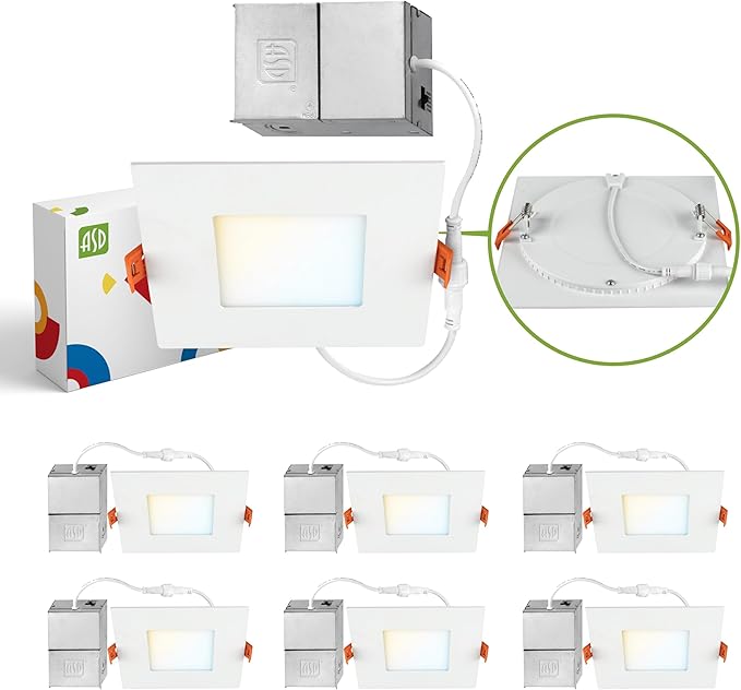 ASD 6 Pack LED Recessed Square Ceiling Light 4 Inch with Round Back, 5 CCT 2700K-5000K, Ultra-Thin Dimmable Wafer Lights with Junction Box, 12W 869LM, Canless Recessed Lighting, Slim LED Downlight, UL