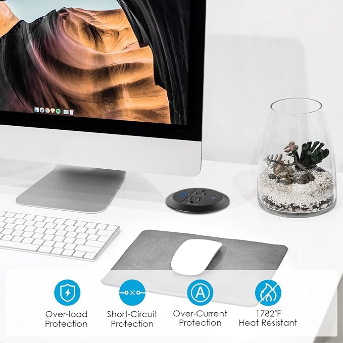 Recessed Power Grommet with AC Outlets, 20W Fast Charging USB-C Port - Flush-Mount for Desktop,Workspace Essential Desk Outlet,ETL Listed