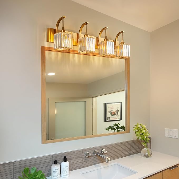 Crystal Vanity Lights 4-Light Gold Bathroom Vanity Lights Modern Crystal Bathroom Light Fixtures Over Mirror 32.67" Long Vanity Light for Bathroom