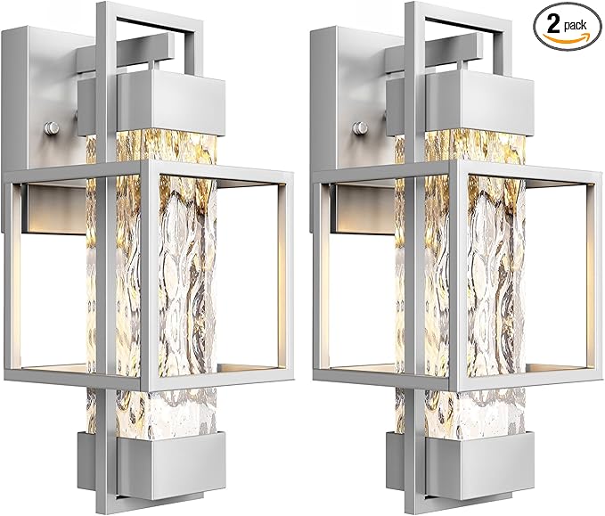 PARTPHONER Modern Outdoor Light Fixtures Dusk to Dawn Outdoor Lighting 2 Pack, 15" Exterior Wall Sconce Waterproof Outside Porch Light for House with Water Glass for Garage Doorway Silver