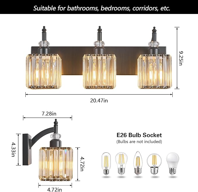 Crystal Vanity Lights Black 3 Light Bathroom Light Fixtures Over Mirror Modern Vanity Light for Bathroom