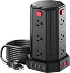 Power Strip Surge Protector, 6.5 Ft Extension Cord with 12 AC Multiple Outlets 4 USB (1 USB C), SMALLRT Power Tower Desktop Charging Station (Black, 6.5 Ft)