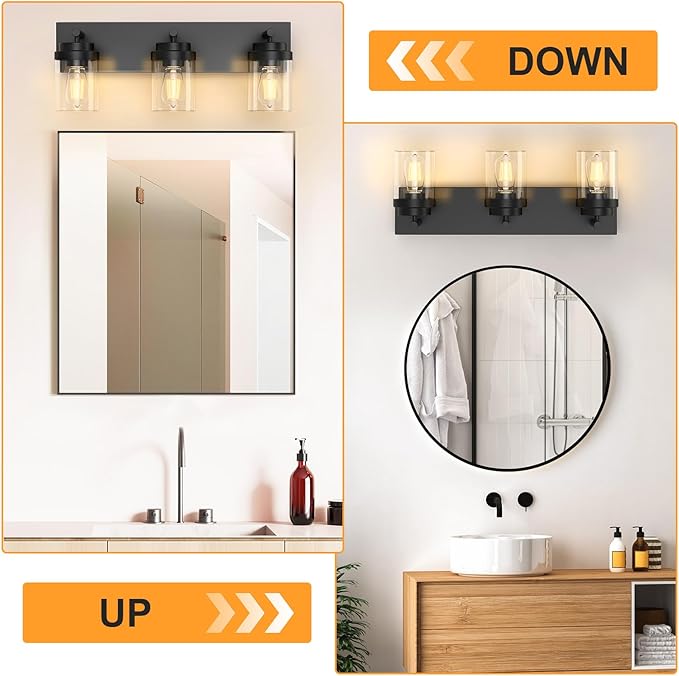 IZORRO Bathroom Vanity Light Fixture, 3-Light 22 Inch Matte Black Bathroom Light Fixtures Over Mirror, with Clear Glass Shade, Modern Farmhouse Vanity Lights, Rustic Restroom Lighting Fixtures