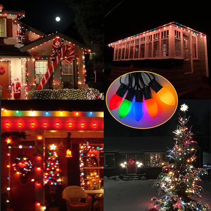 C9 Multicolor Christmas Light Bulbs, 25 Pack C9 Ceramic Color Replacement Bulbs Vintage Incandescent Light Bulbs for Christmas String Lights Outdoor Holiday Decor, E17/C9 Intermediate Base, 7 Watts