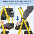 TICONN 3 Step Ladder, Heavy Duty Foldable Step Stool, Portable Steel Folding Stool for Household Garage Storage (Yellow)