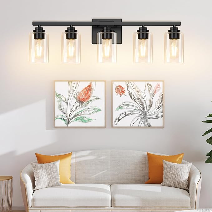 5-Light Bathroom Light Fixtures, 31" Modern Vanity Lights Over Mirror with Clear Glass Shades, Matte Black Light Fixture, Classic Wall Light Fixture for Mirror Living Room Cabinet Bedroom Porch