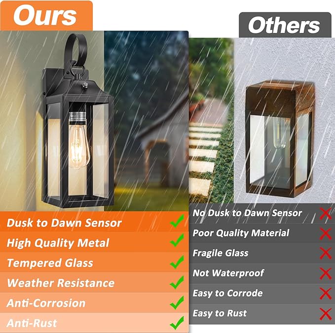 Dusk to Dawn Wall Lights 2 Pack, Black Outdoor Light Fixtures Wall Mount, 15 Inch Exterior Wall Sconces Waterproof, Large Outside Lights for House, Modern Wall Lanterns Clear Glass