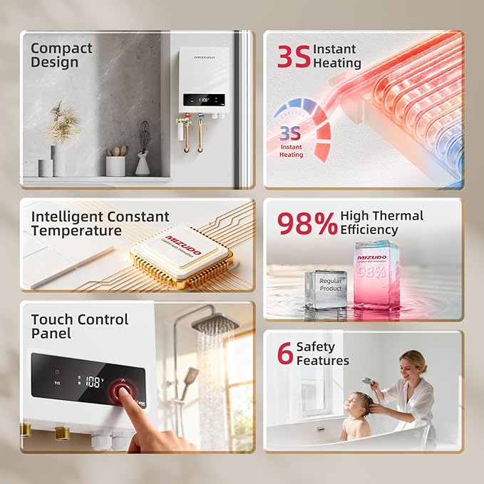 24kW Electric Tankless Water Heater - MIZUDO 240V Instant Hot Water for Whole House | Up to 5.55 GPM | 3-4 Outlets Simultaneous | ETL Certified