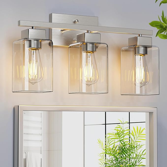 PARTPHONER 3-Light Bathroom Light Fixtures, Brushed Nickel Modern Vanity Lights, Bathroom Lighting Fixtures Over Mirror, Square Design Farmhouse Wall Sconces with Clear Glass Shades