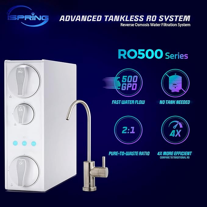 iSpring RO500AK-BN+UVF8 Tankless Reverse Osmosis Water Filtration System with Natural pH Alkaline Remineralization and LED UVF8 Light, 500 GPD RO System, Brushed Nickel Faucet, 2:1 Pure to Drain Ratio