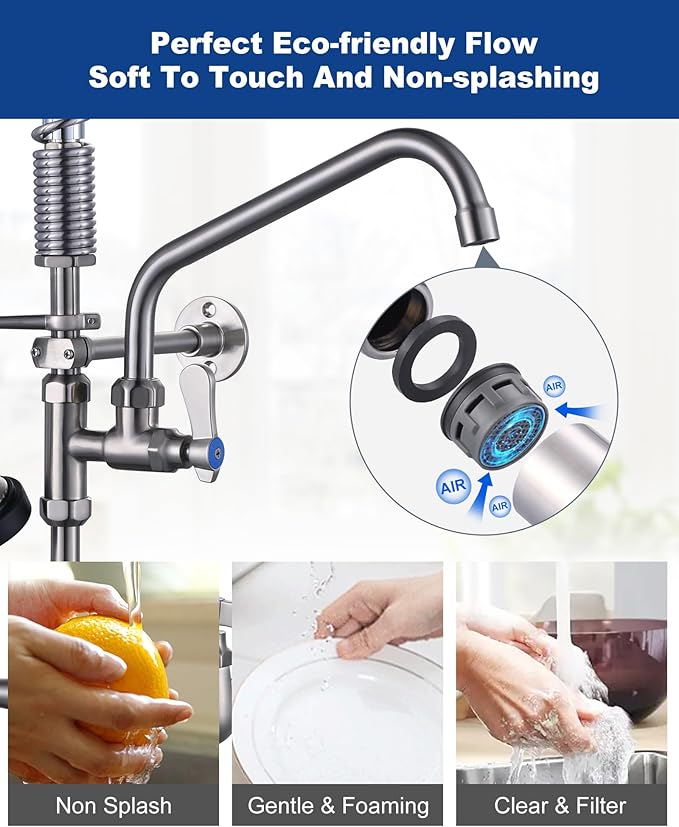 [New Upgrade] Brushed Nickel 21" Height Commercial Kitchen Faucet with Pre-Rinse Sprayer 8 Inch Center Wall Mount Kitchen Sink Faucet with 10" Add-on Swing Spout for 1/2 Compartment Sink