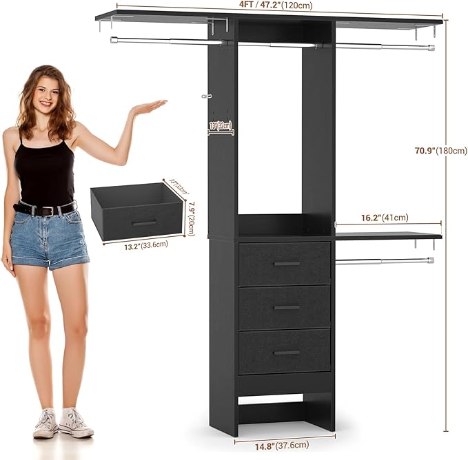 4FT Small Closet System with 3 Fabric Drawers, 48'' Closet Organizer System With 3 Adjustable Shelves, Flexible Built-In Clothes Garment Rack for Small Space, 48" L x 13" W x 71" H, Black