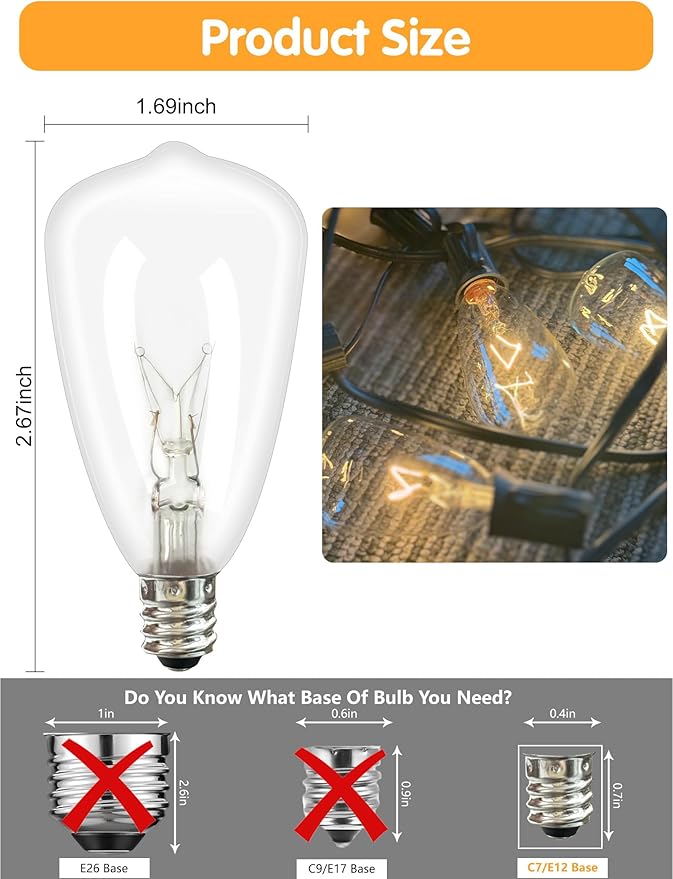 10-Pack ST35 Light Bulbs Replacement Edison Clear Bulbs -5 Watts C7/E12 Screw Base for Indoor/Outdoor Patio String Lights