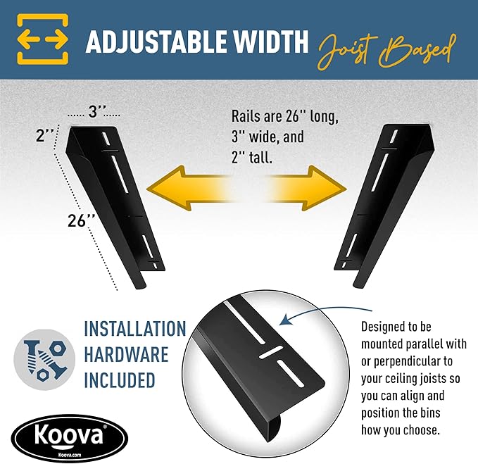 Koova Heavy-Duty Overhead Garage Storage Rack for 1 Bin. Adjustable Width, 40lb Capacity. DIY Super Safe Ceiling Mount, Easy 4-Bolt Install. Fits 27-Gallon Tote. USA Made Steel. Space Saving Organizer