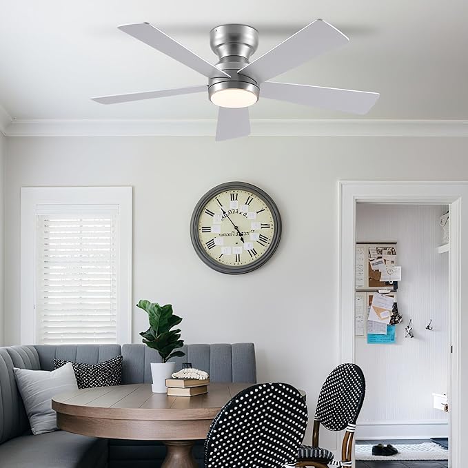 46" Ceiling Fan with Lights Low Profile, Flush Mount Ceiling Light with Remote and 5 Blades, Mute Reversible Motor, 6 Speeds and 3CCT Dimming, Modern Fan Light for Indoor Bedroom, Silver