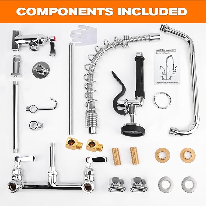 25" Height Commercial Faucet with Sprayer, 8" Adjustable Center & 12" Add-on Swing Spout, Wall Mount Pre-Rinse Commercial Sink Faucet Installation Kit for Commercial Restaurant Kitchen