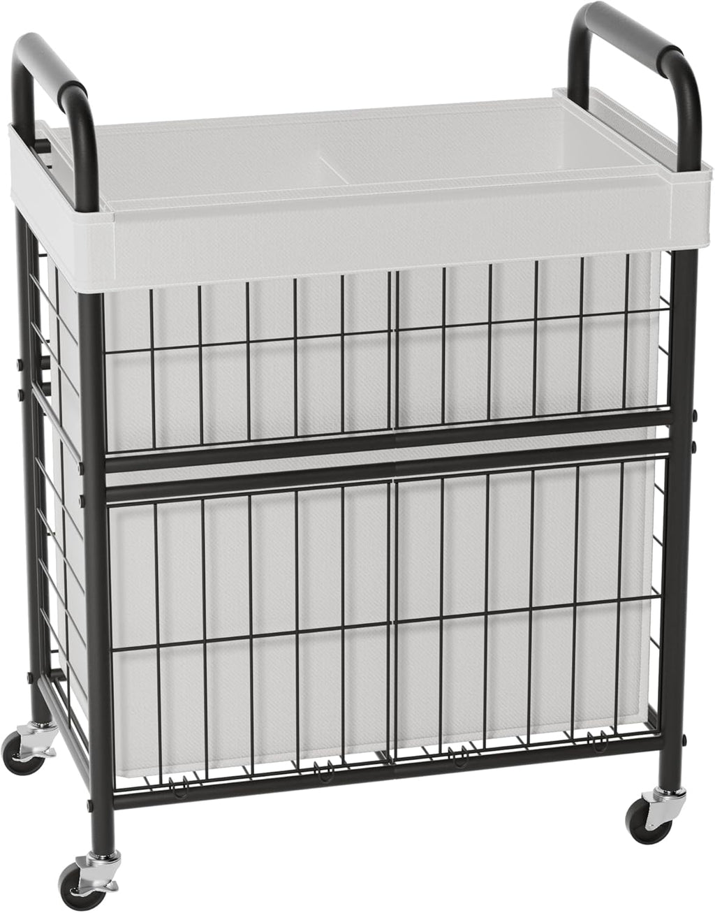 Laundry Hamper 2 Section, 110L Rolling Laundry Sorter Basket with Wheels, 2 Compartment Clothes Organizer Cart, Pull-Out Removable Bags for Laundry Room, Bathroom, Bedroom, White