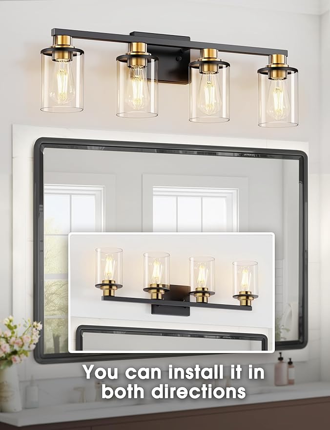 DORESshop 4-Light Black and Gold Vanity Lights with Clear Glass Shade, Over Mirror for Bathroom, Hallway, Bedroom, Living Room, ETL Listed
