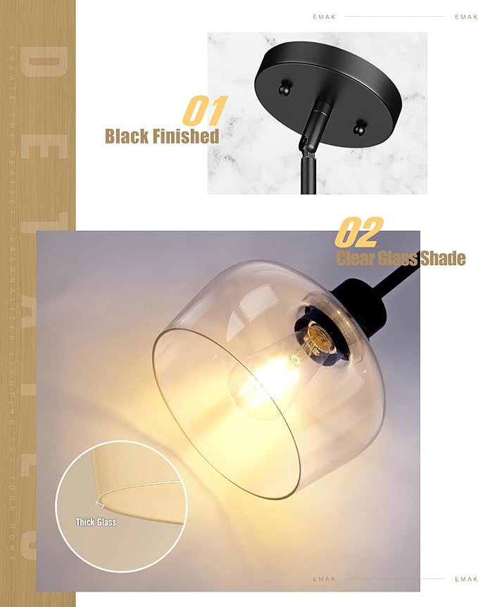 Emak Modern Black Pendant Lights, 8 Inch Kitchen Pendant Lighting Over Island with Clear Glass Shade, Farmhouse Hanging Lights for Kitchen, Bathroom, Bedroom, Dining Room, PL122-BK-CG