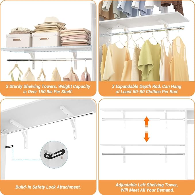 Armocity 96'' Closet System, 8FT Walk In Closet Organizer with 3 Shelving Towers, Heavy Duty Bedroom Wardrobe with 5 Shelves, Wall Mounted Clothes Rack (Can Be Cut To Fit), 96"L x 16"W x 75"H, White