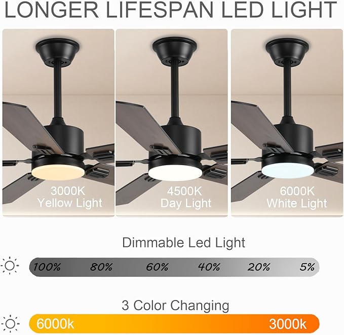 56inch Ceiling Fans with Lights and Remote/App Control, DC Reversible Motor, Noiseless, Dimmable, Low Profile Modern Ceiling Fan for Bedroom Indoor/Outdoor Use（Brown）