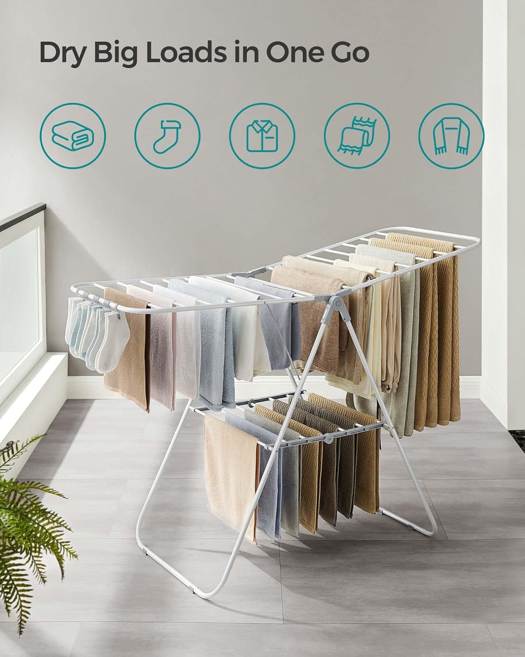 SONGMICS Clothes Drying Rack, with Sock Clips, Metal Laundry Rack, Foldable, Space-Saving, Free-Standing Airer, with 2 Height-Adjustable Gullwings, Indoor Outdoor Use, White and Gray ULLR052W02