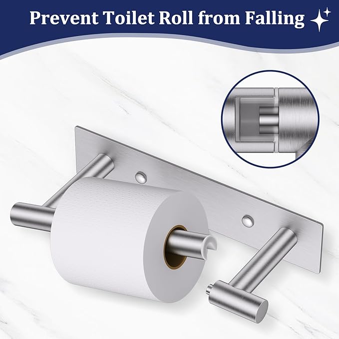 Brushed Nickel Toilet Paper Holder, Adhesive or Screw Toilet Roll Holder Wall Mount, SUS304 Stainless Steel Double Post Pivoting Toilet Roll Holder for Bathroom, Kitchen, Washroom