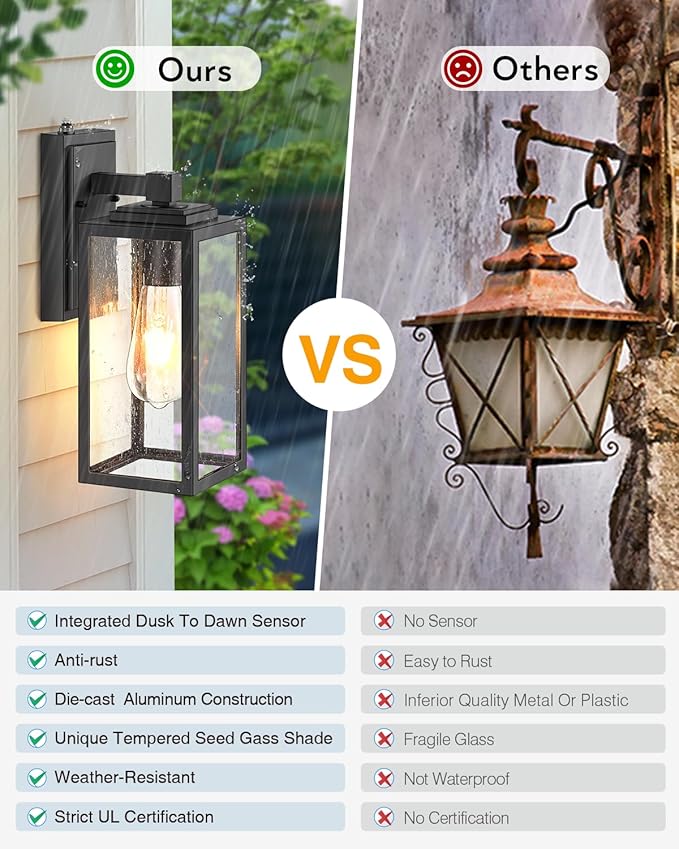 VIANIS Dusk to Dawn Outdoor Porch Lights Wall Mount, Modern Black Exterior Sconce Light for House, Waterproof Carriage Lamp, Anti-Rust Aluminium Wall Lantern with Tempered Seed Glass Shade for Garage