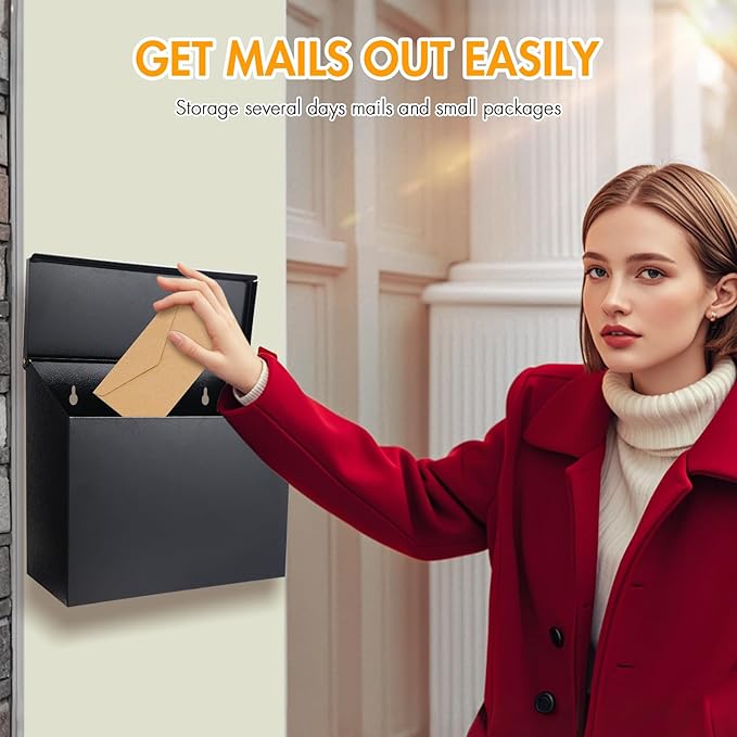 Wall Mount Mailbox for Outside with Flag, Galvanized Steel Mail Box for Post Outdoor, Large Capacity Rust-Proof Metal Postbox for House and Office, with 3 Sets Mailbox Numbers, 14.2"x9.5"x4" Black