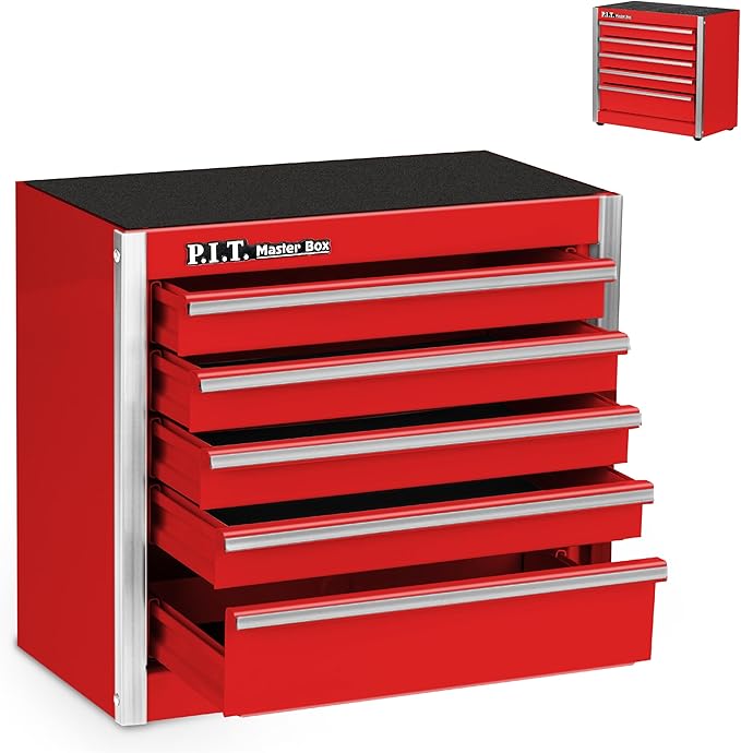 P.I.T. Mini Red Tool Box, Portable 5-Drawer Micro Roll Cab Steel Tool Box with Liner, Red Small Tool Case for Tools Storage, Home DIY