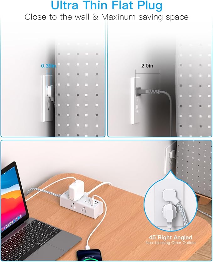 10 Ft Power Strip Surge Protector - One Beat 6 Widely Outlets with 3 USB Ports(1 USB C), 3 Sided Outlet Extender, Flat Plug Extension Cord, Wall Mount Power Strip for Home Office Travel College Dorm