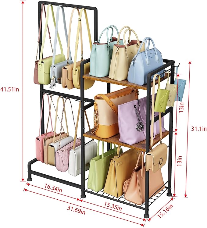 Purse Storage Organizer for Women, 3-Tier Max Purse Storage Stand Rack Holder & Bag Shelf for Closet,12 Fixed Hooks& 3 Side Hooks,Keeping Purses Visible,Purse Display & Bag Organizer for Various Bags