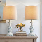 Seealle Farmhouse Table Lamps Set of 2 - Rustic Lamp for Bedroom Living Room, 22" Boho Bedside Lamps for Night Stands End Table Office Desk Lamp Nightstand Clearance with Linen Shades(Washed Blue)