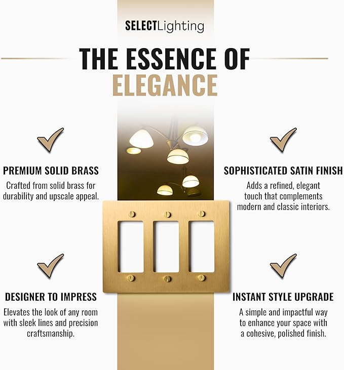 3-Gang Satin Brass Wall Plate, Electrical Receptacle Wall Outlet Faceplate, GFI/Rocker Decorator Light Switch Cover